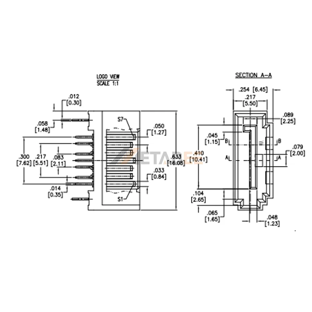 SATA 3.0 7 Pin Male Connector for PCB, Thru Hole, Vertical