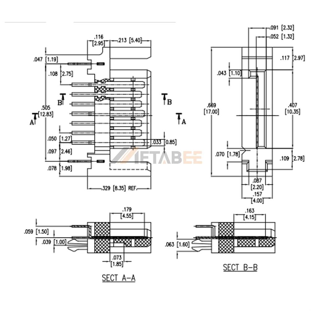 SATA 7 Pin Data Plug, PCB Thru Hole, Vertical