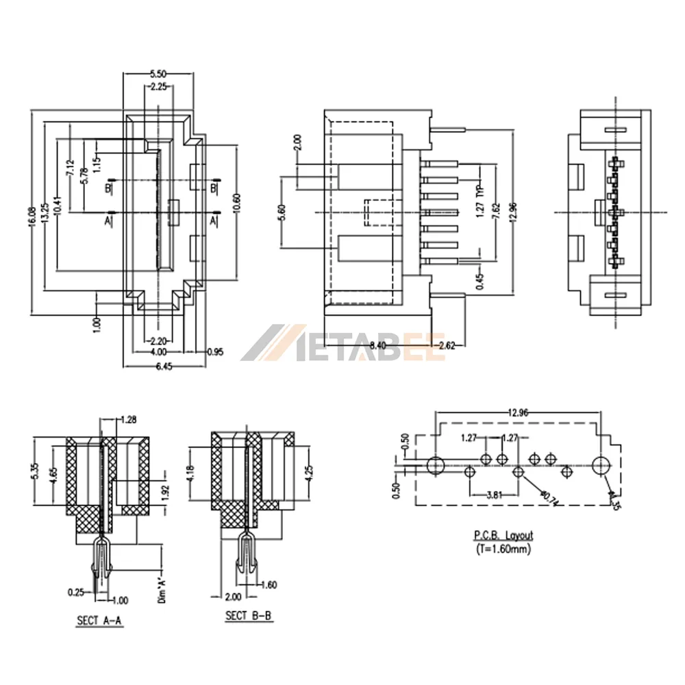 SATA 7 Pin Male Connector for PCB, Thru Hole, Vertical