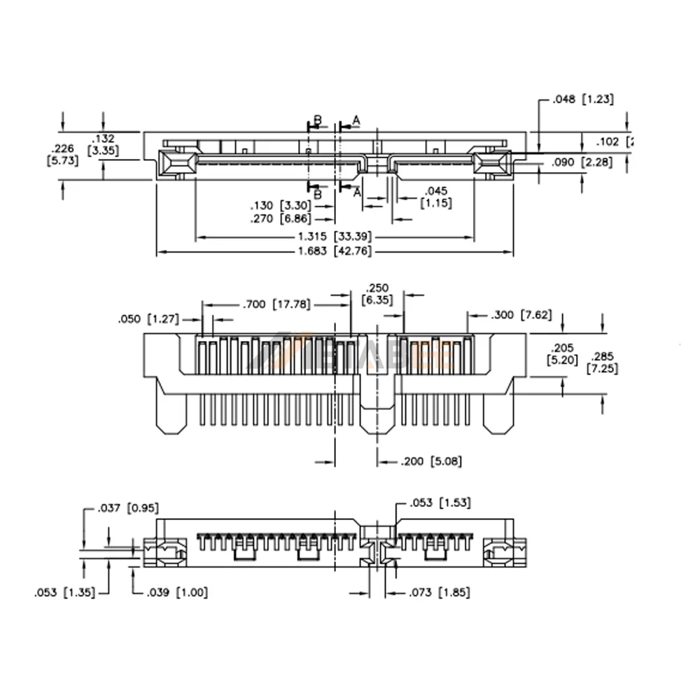 SATA 7+15 Pin Combo Male Connector, Solder, Straddle Mount