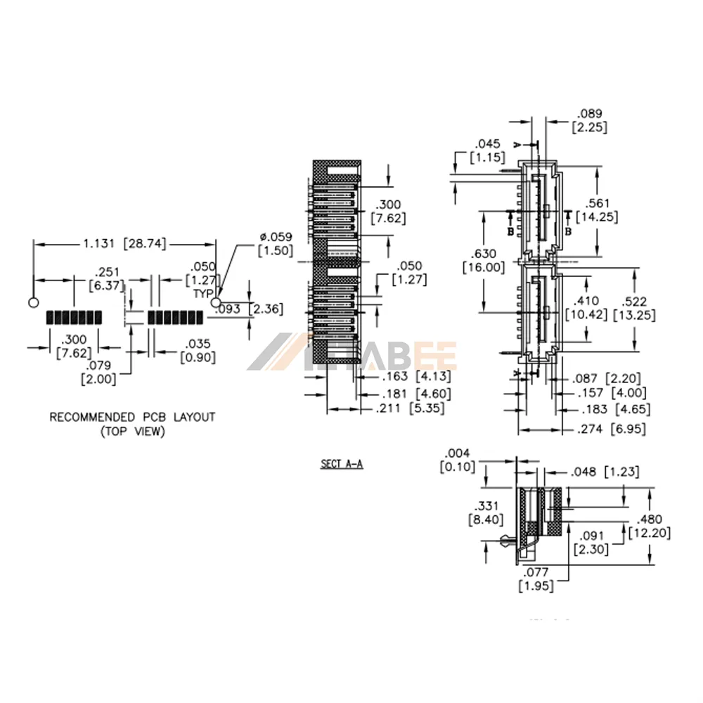 Stacked Dual Port SATA 7+7 Pin Date Female Connector, SMT, R/A