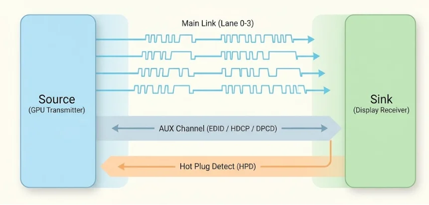 Block diagram illustrating DisplayPort transmission architecture between GPU source and display sink showing four main differential lanes, bi-directional AUX channel, and 3.3V hot plug detect line