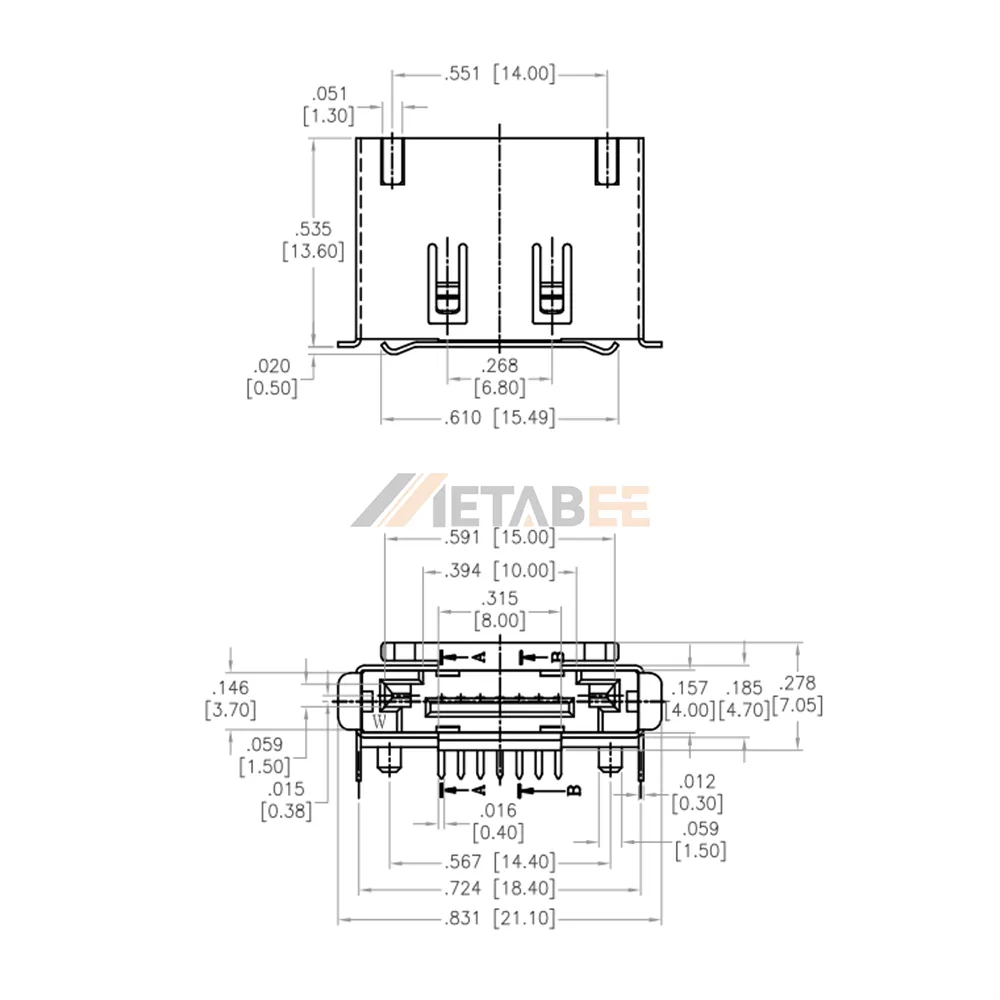eSATA 7 Pin Female Connector for Hard Drive, Thru Hole, Shielded, R/A