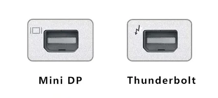 Visual comparison of port logos showing the screen monitor icon for Mini DisplayPort and the lightning bolt icon for Thunderbolt 1 and 2